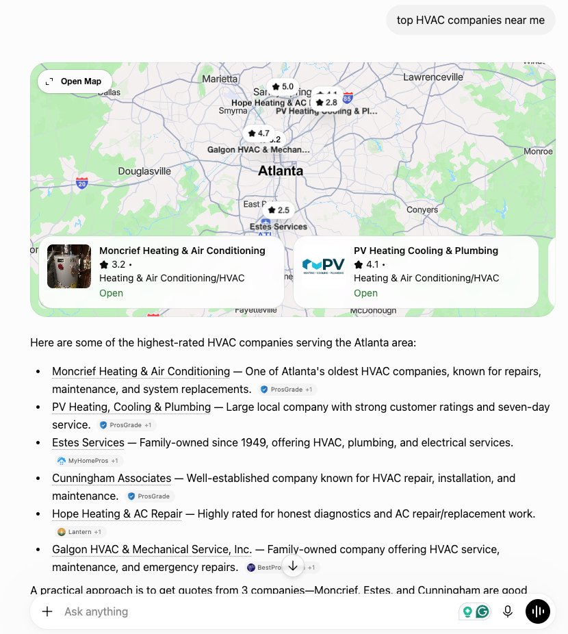 ChatGPT recommending top companies near me