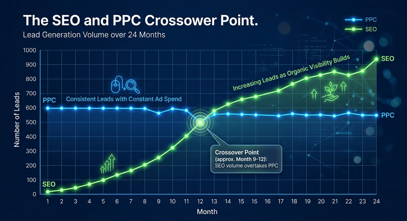 Chart showing PPC lead volume staying flat while SEO lead volume climbs and crosses over around month 9 to 12
