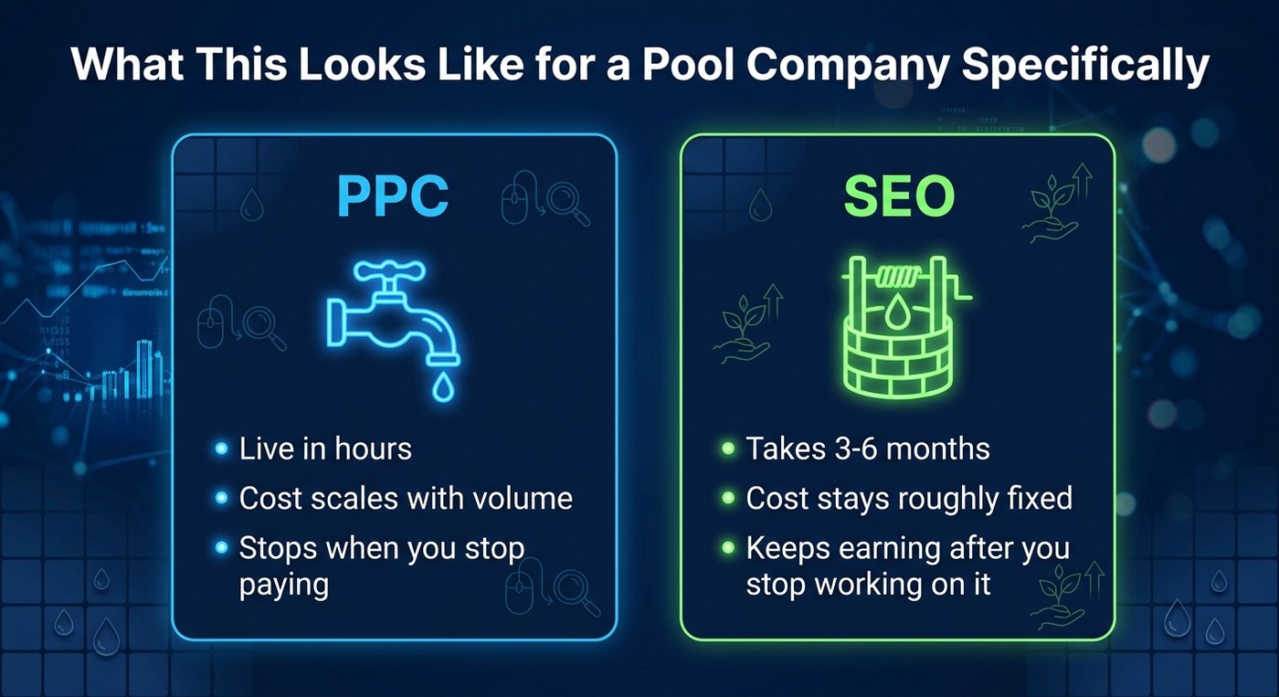 Comparison of PPC as a faucet you can turn on and off versus SEO as a well that takes time to dig but keeps producing