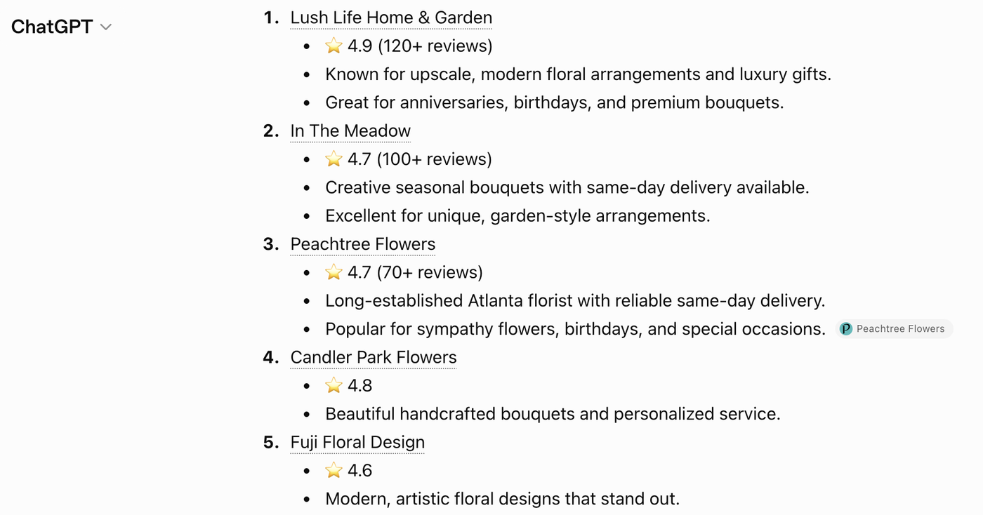 ChatGPT recommending local florists