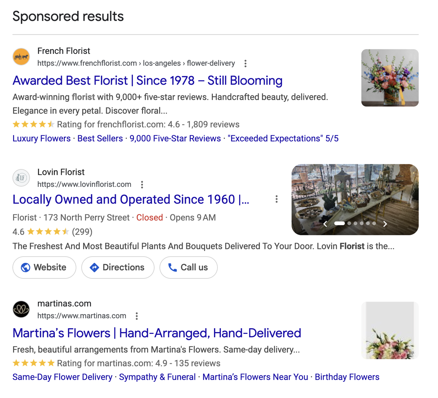 Google sponsored results for florists and flower delivery