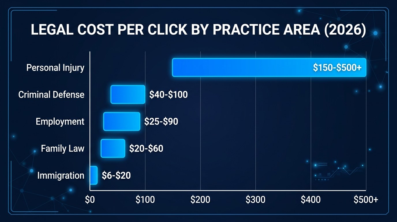 Bar chart of legal cost per click by practice area: personal injury highest, immigration lowest