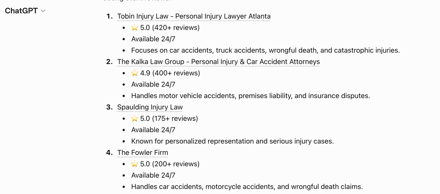 ChatGPT recommending personal injury law firms in Atlanta