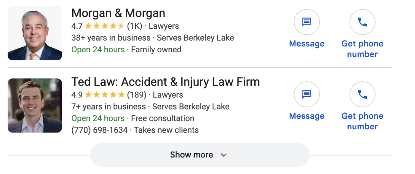 Google Local Services Ads showing law firms with call and message buttons