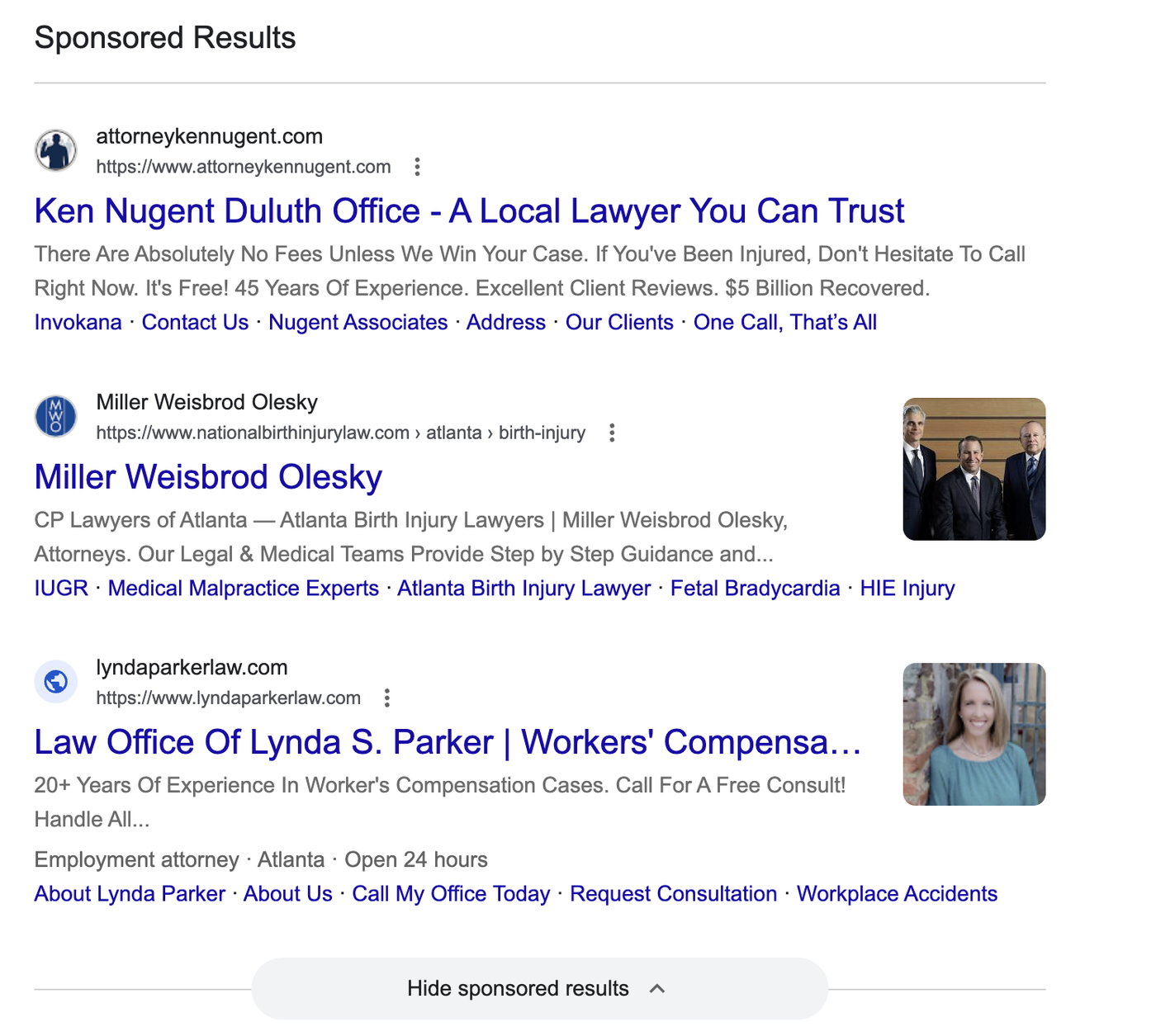 Google sponsored results for law firms