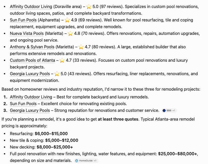 AI answer recommending local pool remodeling companies