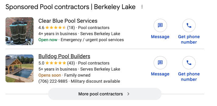Google Local Services Ads showing sponsored pool contractors