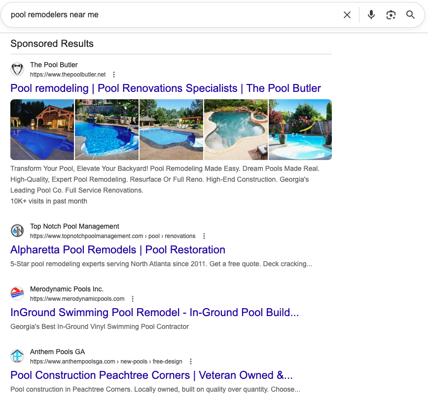 Google sponsored results for pool remodelers