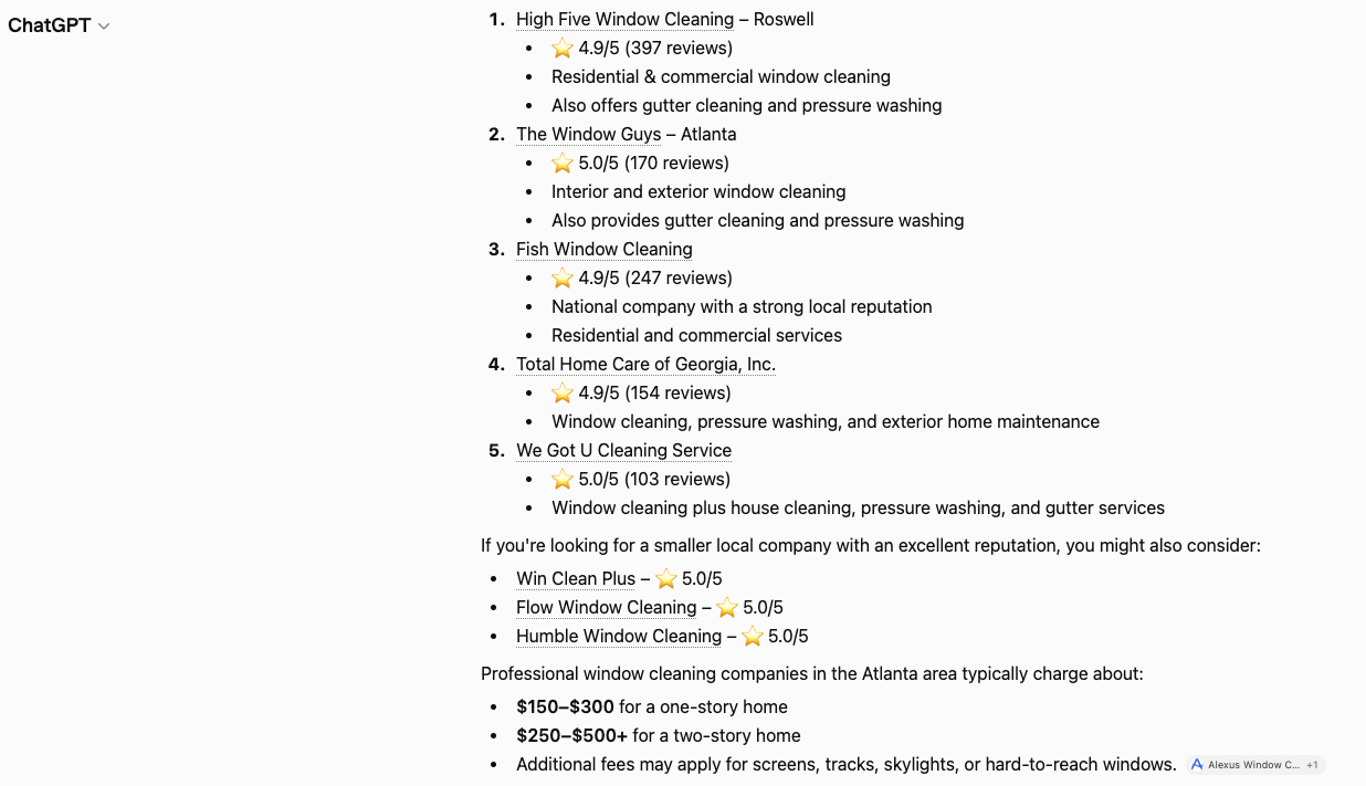 ChatGPT recommending local window cleaning companies