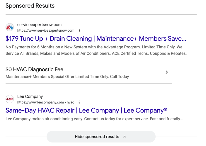 Google sponsored results for HVAC repair